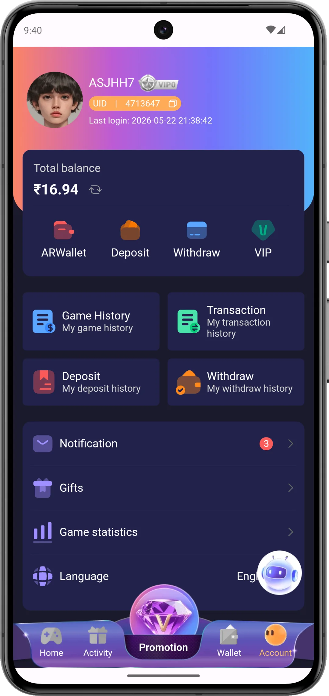 Daman Games Agent Centre screen showing referral network and commission earnings